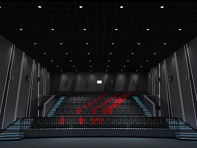 Modern Cinema Interior With Red And Black Stepped Seats And Ceiling Lighting 3d model