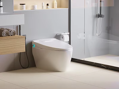 Modern Bathroom Interior Featuring Smart White Toilet Vanity Towels Shower Enclosure And Tiles 3d model