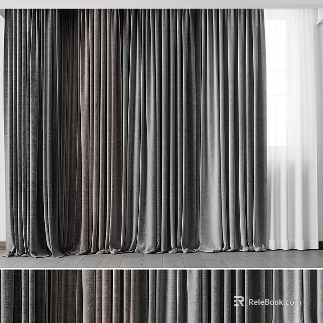 Gray Velvet Curtains With Double Layer Design For Indoor Window Drapery 3d model 