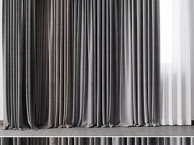 Gray Velvet Curtains With Double Layer Design For Indoor Window Drapery 3d model