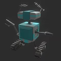 Blue Square Robot Character With Tracked Legs Antennas And Mechanical Arms