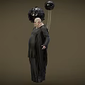 Bald Obese Game Movie Character In Black Robe With Hanging Black Spherical Objects