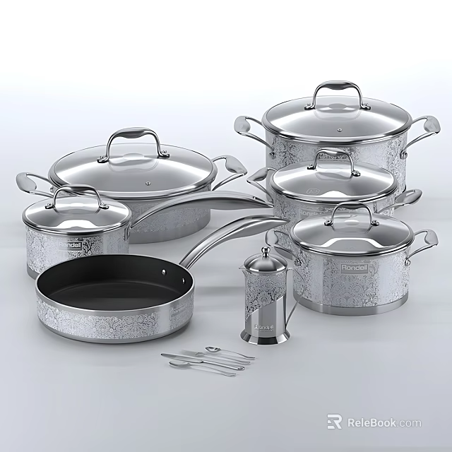Stainless Steel Cookware Set With Pots Pans Lids And Kitchen Utensils 3d model 