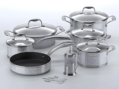Stainless Steel Cookware Set With Pots Pans Lids And Kitchen Utensils 3d model