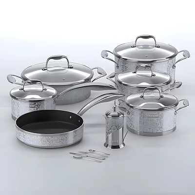 Stainless Steel Cookware Set With Pots Pans Lids And Kitchen Utensils 3d model