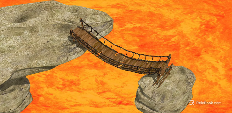 Rustic Wooden Bridge With Rope Railings Connecting Large Rocks Over Fiery Orange Lava 3d model 