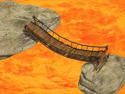 Rustic Wooden Bridge With Rope Railings Connecting Large Rocks Over Fiery Orange Lava 3d model