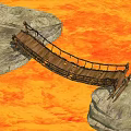 Rustic Wooden Bridge With Rope Railings Connecting Large Rocks Over Fiery Orange Lava