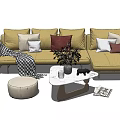 Yellow L Shaped Sofa with Pillows Coffee Table Set Featuring Marble Top and Decorative Vase 3d model