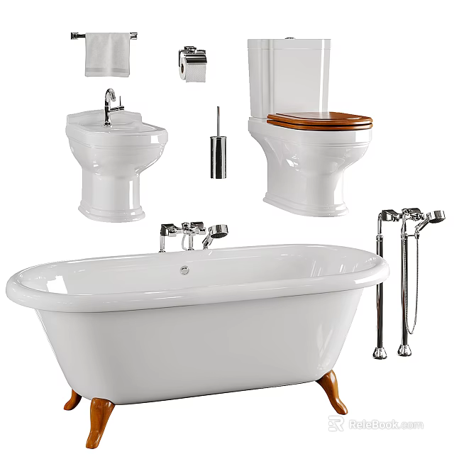 Modern White Toilet With Bathtub Washbasin Faucets And Bathroom Fixtures 3d model 