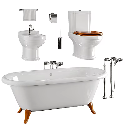 Modern White Toilet With Bathtub Washbasin Faucets And Bathroom Fixtures 3d model