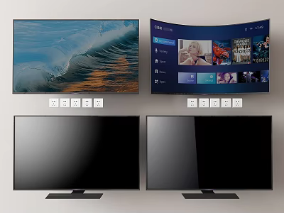 Modern Flat and Curved Smart TVs Displaying Scenery and Streaming Content 3d model