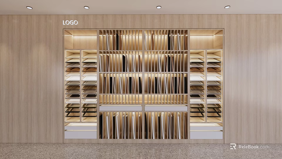 Modern Wooden Display Shelves Design With LED Lighting And Multiple Layers 3d model 