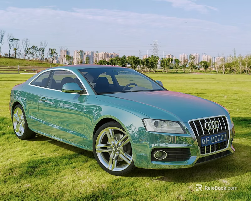 Green Audi Coupe Parked On Lush Grass With City Skyline In Background 3d model 