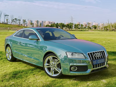 Green Audi Coupe Parked On Lush Grass With City Skyline In Background 3d model