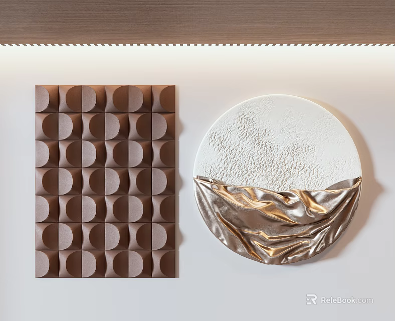 Stylish Wall Decor with Brown Square Circular Patterns and Circular Textured White Gold Fabric Finish 3d model 