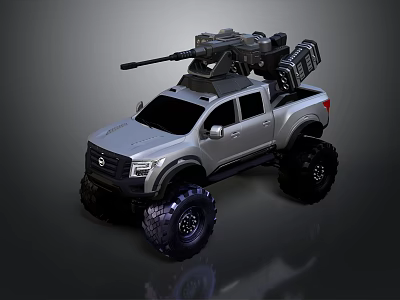Silver Modified Pickup Truck With Large Off Road Tires And Roof Mounted Weapons Cases 3d model