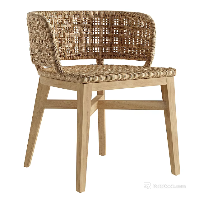 Modern Single Chair With Woven Rattan Backrest And Wooden Frame Design 3d model 