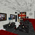 KTV Lounge with Red Sofas Black White Geometric Floor Union Jack Decor and Wall