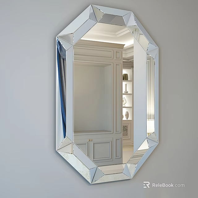 Modern Octagonal Mirror with Beveled Edges Reflecting White Cabinet and Shelf in Room Interior 3d model 