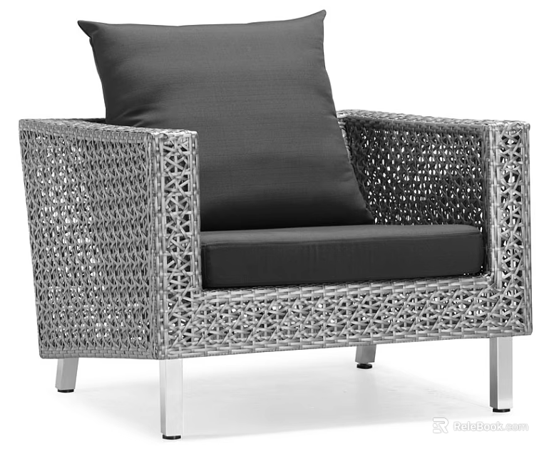 Stylish Outdoor Sofa With Woven Rattan Frame Black Cushions And Metal Legs 3d model 