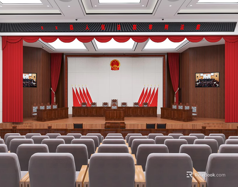 Court Assembly Hall With Red Curtains National Emblem And Gray Seats 3d model 