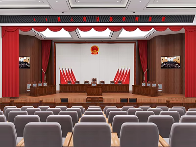 Court Assembly Hall With Red Curtains National Emblem And Gray Seats 3d model