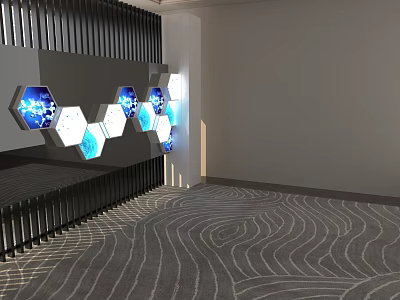 Modern Interior Design With Hexagonal Decor Blue Lighting And Wavy Carpet 3d model