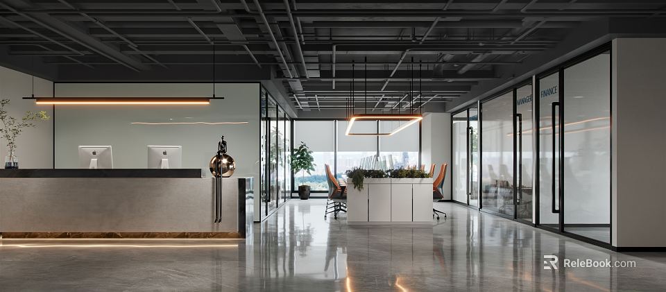 Modern Open Public Office Space Design With Workstations Green Plants And Hanging Lights 3d model 