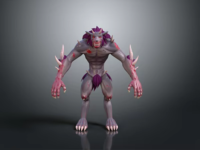 Wolf like Mythical Animal 3D Model with Gray Body Purple Fur Spikes and Sharp Claws 3d model