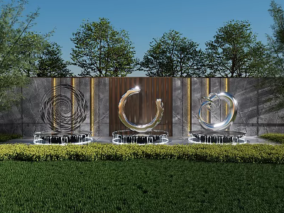Three Metal Sculptures With Spiral And Circular Shapes In Garden Green Lawn And Wooden Gray Wall 3d model