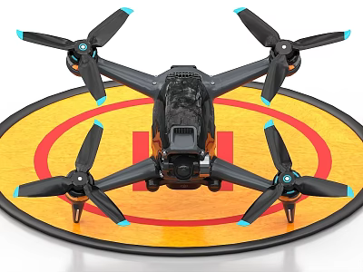 Advanced Drone Quadcopter With Black Orange Body Blue Propellers And Camera 3d model