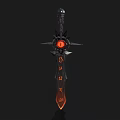 Ornate Dark Fantasy Sword With Black Hilt Central Red Gem And Orange Decorative Patterns