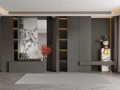 Modern Gray Shoe Cabinet Design With LED Lighting And Decorative Storage Shelves 3d model