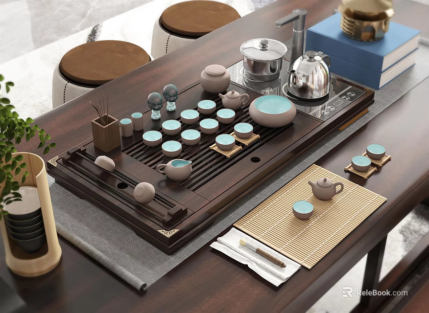 Elegant Traditional Ceramic Tea Set With Wooden Serving Tray And Bamboo Coasters 3d model 