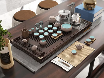 Elegant Traditional Ceramic Tea Set With Wooden Serving Tray And Bamboo Coasters 3d model