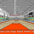 Modern Indoor Basketball Court With Wooden Floor Red Center Blue Seating And Bright Lighting