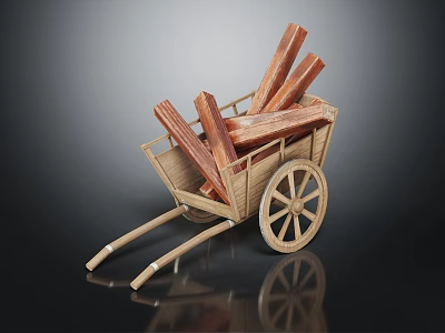 Wooden Wheelbarrow Loaded With Stacked Firewood On Dark Background With Reflection 3d model