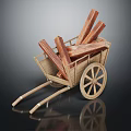 Wooden Wheelbarrow Loaded With Stacked Firewood On Dark Background With Reflection