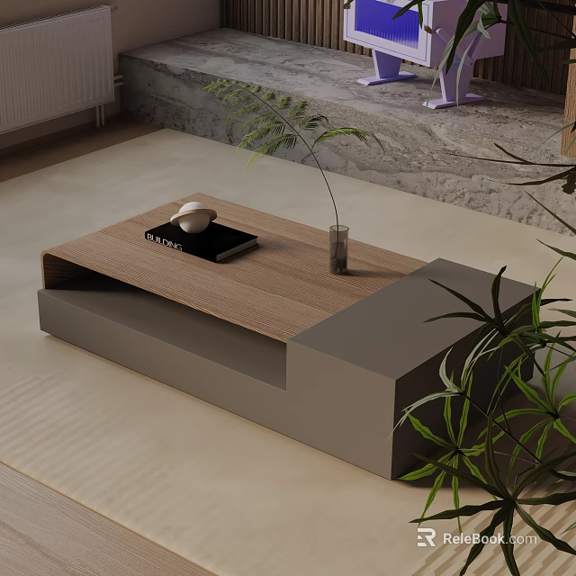 Modern Sofa and Coffee Table Set in Living Room With Wooden Top and Green Plants 3d model 