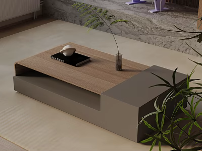 Modern Sofa and Coffee Table Set in Living Room With Wooden Top and Green Plants 3d model