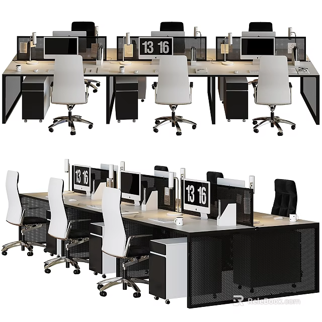 Modern Office Desk And Chair Set With White Black Chairs Computer Monitors In Contemporary Workspace 3d model 