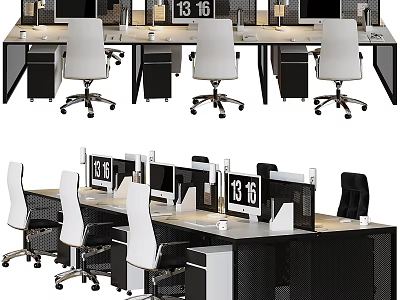 Modern Office Desk And Chair Set With White Black Chairs Computer Monitors In Contemporary Workspace 3d model