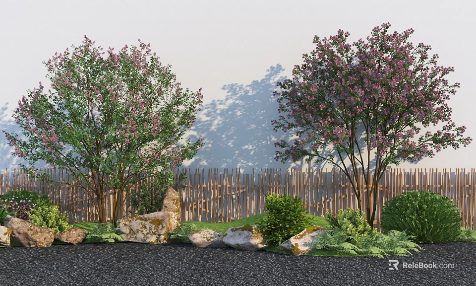 Flowering Arbor Trees with Purple Flowers Near Wooden Fence Stones Green Plants and Shadows 3d model 