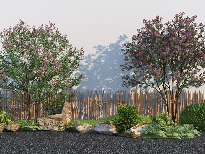 Flowering Arbor Trees with Purple Flowers Near Wooden Fence Stones Green Plants and Shadows 3d model