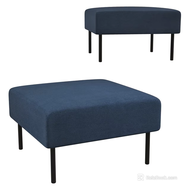 Stylish Blue Fabric Ottoman With Square Seat And Black Metal Legs 3d model 