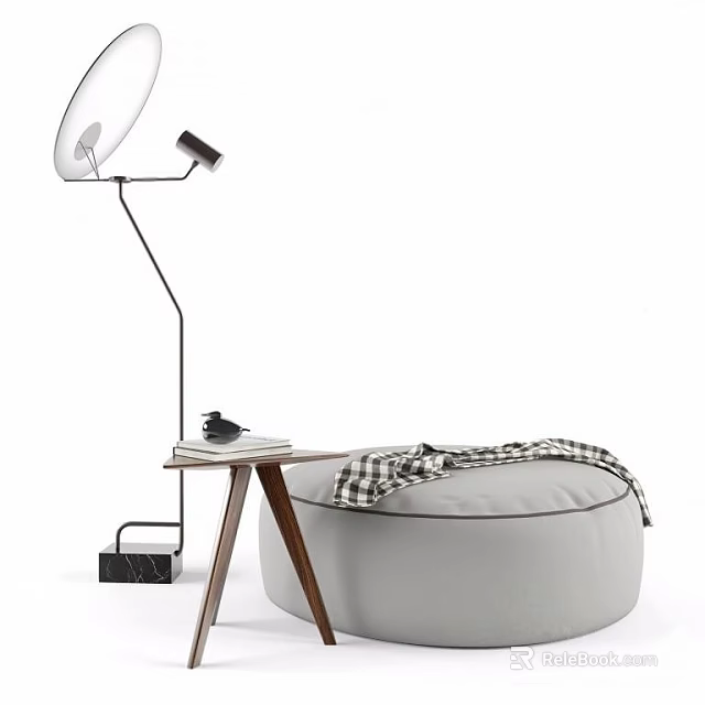 Gray Round Ottoman With Plaid Blanket Side Table And Floor Lamp In Modern Space 3d model 