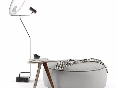 Gray Round Ottoman With Plaid Blanket Side Table And Floor Lamp In Modern Space 3d model