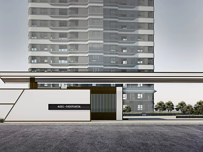 Industrial Entrance Gate Modern Architectural Design With High Rise Building Facade And Landscaped Trees 3d model