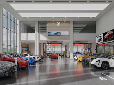 Modern Car Dealership Showroom With Various Colored Vehicles On Display Bright Lighting And Large Windows 3d model